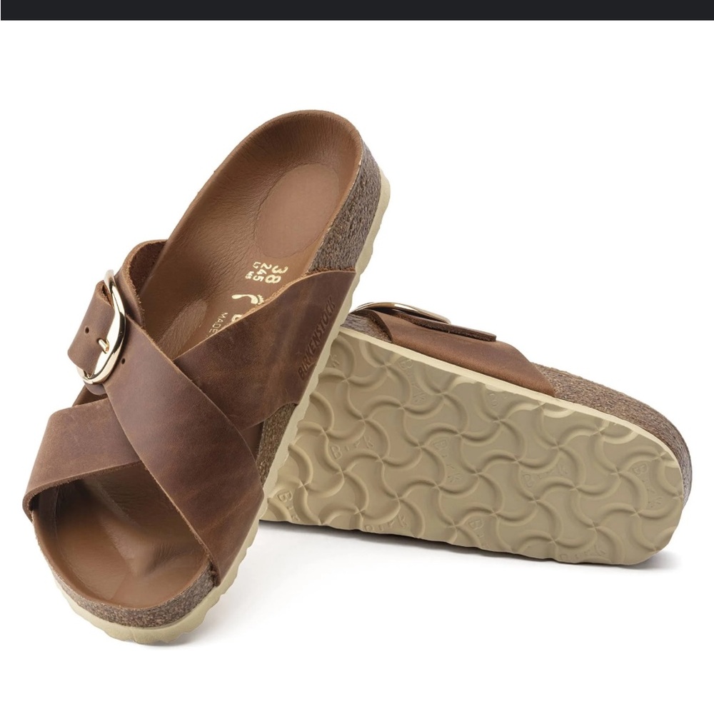 Birkenstock Sienna Tan Brown Leather Sandals with Cross Straps and Big Buckle